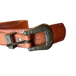 Fiorucci Italy Leather Double Strap Belt Vintage Embossed Brass Floral Accents